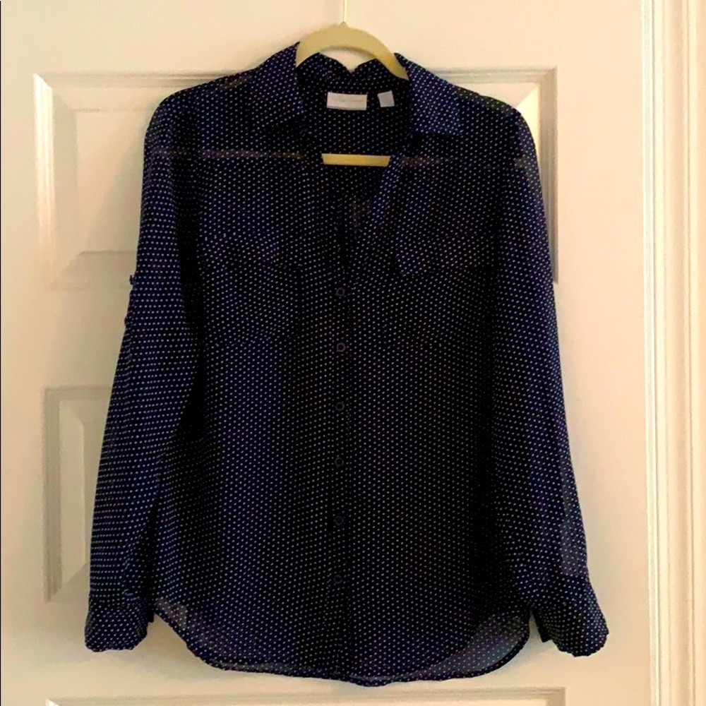 NY&CO navy/white polka dot dress shirt
